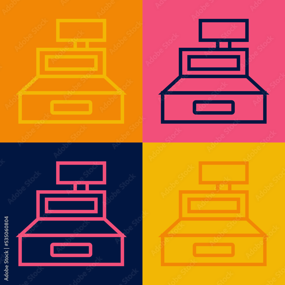 Poster pop art line cash register machine with a check icon isolated on color background. cashier sign. cas