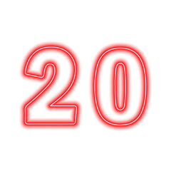 Neon red number 20 isolated on white. Serial number, price, place