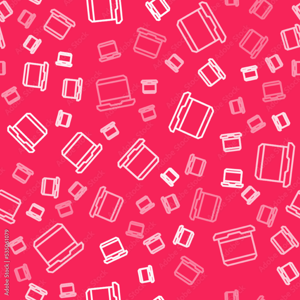 Poster White line Laptop icon isolated seamless pattern on red background. Computer notebook with empty screen sign. Vector