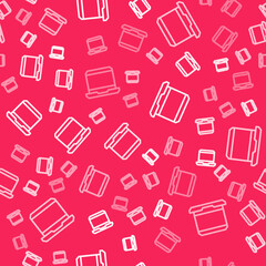 White line Laptop icon isolated seamless pattern on red background. Computer notebook with empty screen sign. Vector