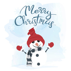 Christmas greeting card with a cute snowman on winter background with snowflakes.