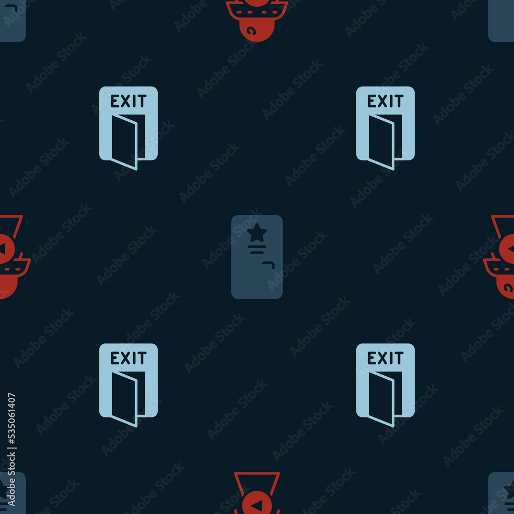 Poster set science fiction, backstage and fire exit on seamless pattern. vector