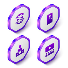 Fototapeta premium Set Isometric No cell phone, Backstage, Actor star and Cinema auditorium with screen icon. Purple hexagon button. Vector