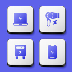 Set Laptop, Hair dryer, Electric meter and Mobile phone icon. White square button. Vector - obrazy, fototapety, plakaty