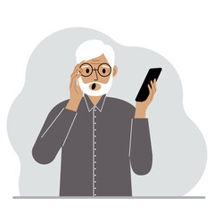 A man looks at a mobile phone. A man with an open mouth looks at the phone he holds in his hand. Vector