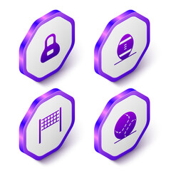 Set Isometric Weight, American Football ball, Volleyball net and Baseball icon. Purple hexagon button. Vector
