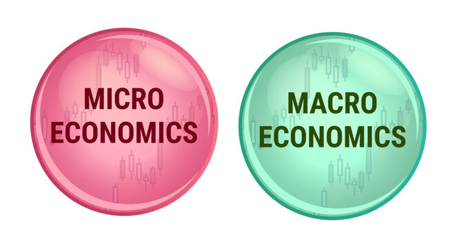 Vector set of two icons or symbols of micro economics or microeconomics and macro economics or macroeconomics isolated. Branch of economics – decision-making of market entities and economy as a whole.