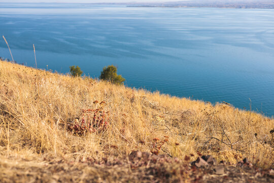 Sevan Lake, Armenia, beautiful aerial panoramic view of Sevan Lake, Gegharkunik Province, with Sevanavank monastery chapel in a summer sunny day
