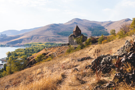 Sevan Lake, Armenia, beautiful aerial panoramic view of Sevan Lake, Gegharkunik Province, with Sevanavank monastery chapel in a summer sunny day