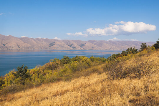 Sevan Lake, Armenia, beautiful aerial panoramic view of Sevan Lake, Gegharkunik Province, with Sevanavank monastery chapel in a summer sunny day
