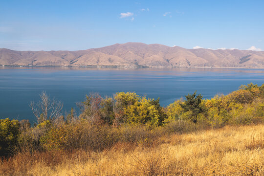 Sevan Lake, Armenia, beautiful aerial panoramic view of Sevan Lake, Gegharkunik Province, with Sevanavank monastery chapel in a summer sunny day