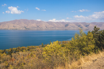 Sevan Lake, Armenia, beautiful aerial panoramic view of Sevan Lake, Gegharkunik Province, with Sevanavank monastery chapel in a summer sunny day