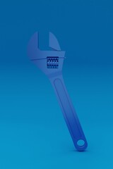3D illustration, adjustable wrench, blue background, 3D rendering.