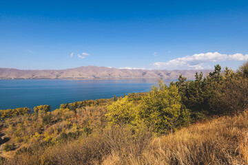 Sevan Lake, Armenia, beautiful aerial panoramic view of Sevan Lake, Gegharkunik Province, with Sevanavank monastery chapel in a summer sunny day