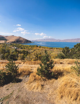Sevan Lake, Armenia, beautiful aerial panoramic view of Sevan Lake, Gegharkunik Province, with Sevanavank monastery chapel in a summer sunny day