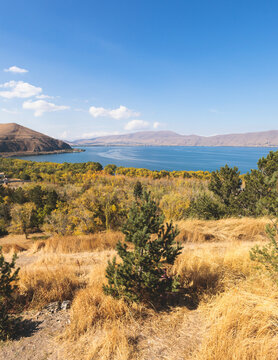 Sevan Lake, Armenia, beautiful aerial panoramic view of Sevan Lake, Gegharkunik Province, with Sevanavank monastery chapel in a summer sunny day