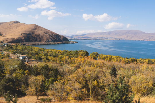 Sevan Lake, Armenia, beautiful aerial panoramic view of Sevan Lake, Gegharkunik Province, with Sevanavank monastery chapel in a summer sunny day