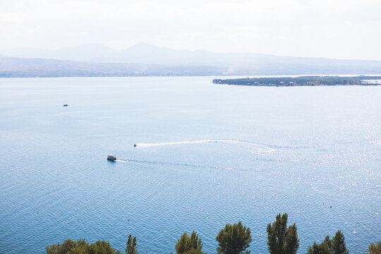 Sevan Lake, Armenia, beautiful aerial panoramic view of Sevan Lake, Gegharkunik Province, with Sevanavank monastery chapel in a summer sunny day