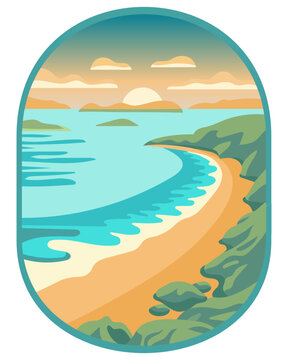 Travel illustration, marvelous seascape from the porthole window. Banner, clip art, poster