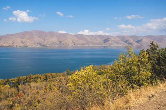 Sevan Lake, Armenia, beautiful aerial panoramic view of Sevan Lake, Gegharkunik Province, with Sevanavank monastery chapel in a summer sunny day