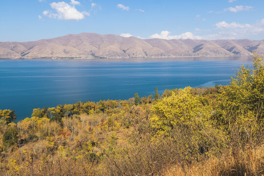 Sevan Lake, Armenia, beautiful aerial panoramic view of Sevan Lake, Gegharkunik Province, with Sevanavank monastery chapel in a summer sunny day