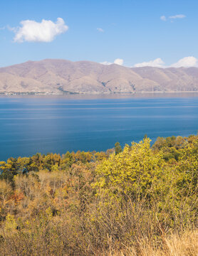 Sevan Lake, Armenia, beautiful aerial panoramic view of Sevan Lake, Gegharkunik Province, with Sevanavank monastery chapel in a summer sunny day