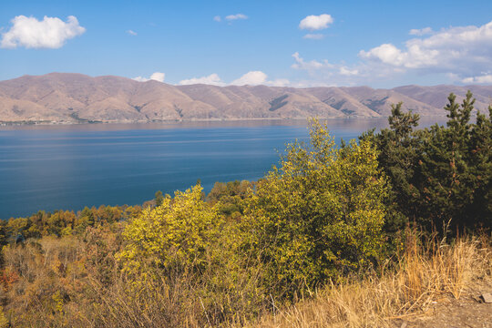 Sevan Lake, Armenia, beautiful aerial panoramic view of Sevan Lake, Gegharkunik Province, with Sevanavank monastery chapel in a summer sunny day