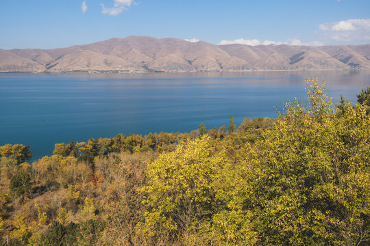 Sevan Lake, Armenia, beautiful aerial panoramic view of Sevan Lake, Gegharkunik Province, with Sevanavank monastery chapel in a summer sunny day