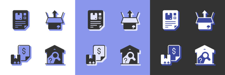 Set Warehouse check, Waybill, and Unboxing icon. Vector