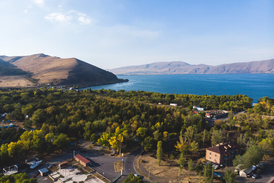 Sevan Lake, Armenia, beautiful aerial panoramic view of Sevan Lake, Gegharkunik Province, with Sevanavank monastery chapel in a summer sunny day
