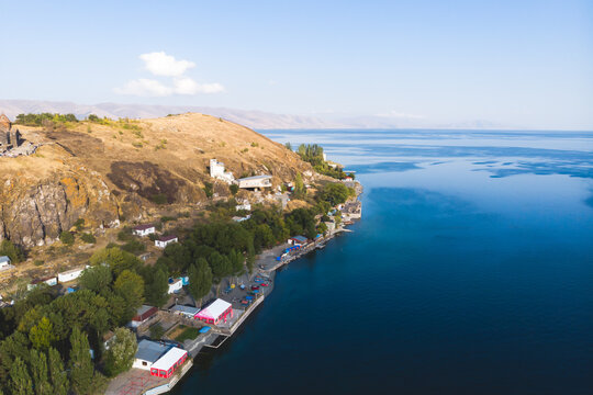 Sevan Lake, Armenia, beautiful aerial panoramic view of Sevan Lake, Gegharkunik Province, with Sevanavank monastery chapel in a summer sunny day