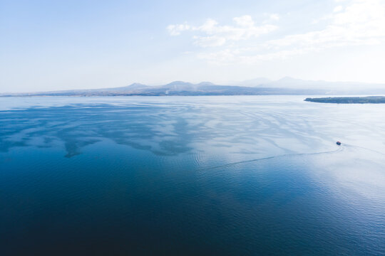 Sevan Lake, Armenia, beautiful aerial panoramic view of Sevan Lake, Gegharkunik Province, with Sevanavank monastery chapel in a summer sunny day