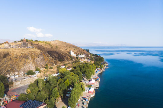 Sevan Lake, Armenia, beautiful aerial panoramic view of Sevan Lake, Gegharkunik Province, with Sevanavank monastery chapel in a summer sunny day