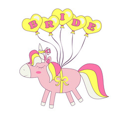 Unicorn Flying in Balloons Marriage Proposal Ring on the Horn Bride Bachelorette Party  in Retro Groovy Style Temporary Sticker or Badge