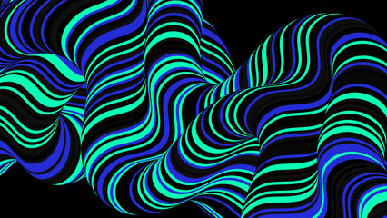 Blue and green neon optical fluid wave. Duotone wavy line compositions. Dynamic flow background design for cover, flyer. Vector