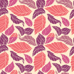 Naklejka na ściany i meble Drawn autumn leaves. Leaves seamless vector pattern. Silhouette. Autumn. October. November. Pink background. Monochrome. Banner. Autumn holidays. Fabric print.