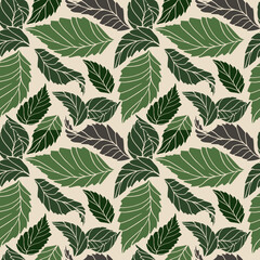 Drawn seamless pattern with leaves. Autumn. Plain green leaves. Silhouette. Print. Green background.