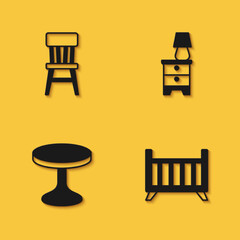 Set Chair, Baby crib cradle bed, Round table and Furniture nightstand with lamp icon with long shadow. Vector