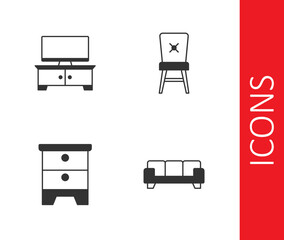 Set Sofa, TV table stand, Furniture nightstand and Chair icon. Vector
