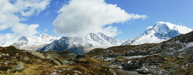 The Mont Blanc Massif, view from the Massif des Aiguilles Rouges, Chamonix, France.