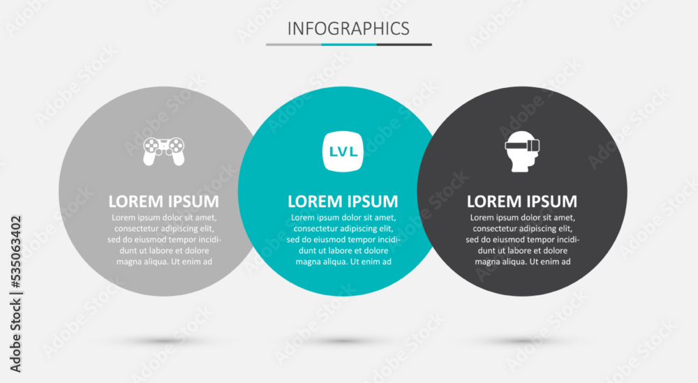 Poster set level game, game controller or joystick and virtual reality glasses. business infographic templa