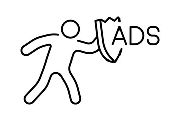 Concept protection from advertisement, guard man with shield protected from ads text outline style vector icon illustration