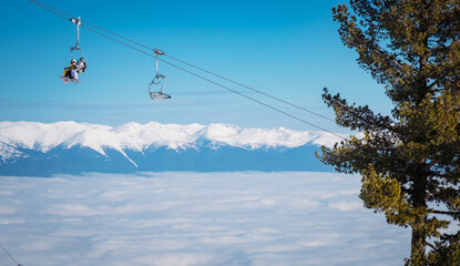 Chair lift in the ski resort of Bansko, Bulgaria. Winter landscape in the Pirin mountains