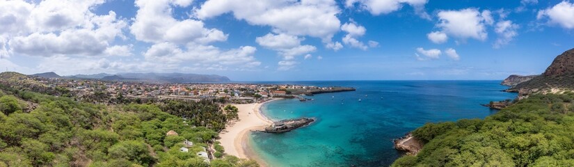 Fototapeta na wymiar Panoramic aerial view of Tarrafal beach in Santiago island in Cape Verde - Cabo Verde