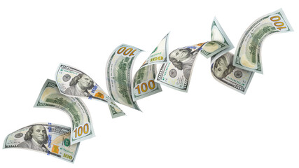 Falling American dollars, isolated on white background, clipping path, full depth of field