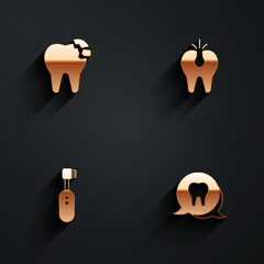 Set Broken tooth, Electric toothbrush and Tooth icon with long shadow. Vector