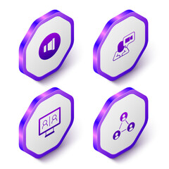 Set Isometric Speaker volume, Video chat conference, and Meeting icon. Purple hexagon button. Vector