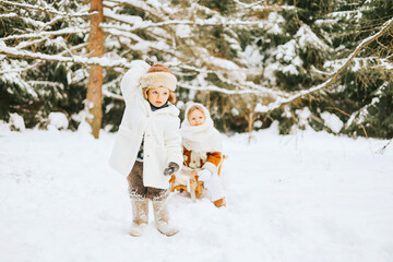 portrait cute little girl toddler in white russian style orenburg down shawl scarf and little boy in fur coat, knitted hat, felt boots sit on sled in snow winter forest, concept of retro Christmas