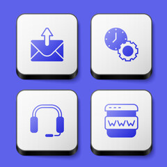 Set Mail and e-mail, Time management, Headphones and Browser window icon. White square button. Vector