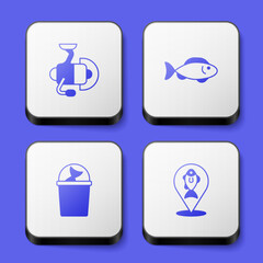 Set Spinning reel for fishing, Fish, Fishing bucket with and Location icon. White square button. Vector